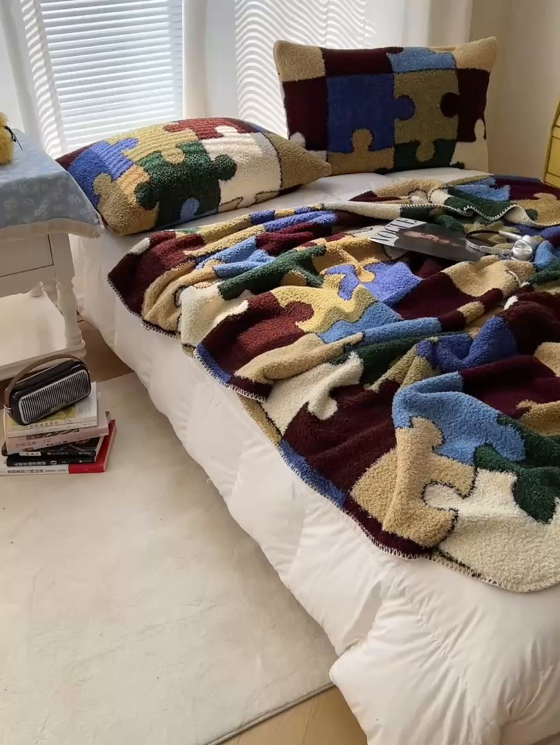 91家纺网 家纺一手货源 找家纺 舒隅家纺 A类高级感半边绒三角针毛毯毯子 拼图日记-绿