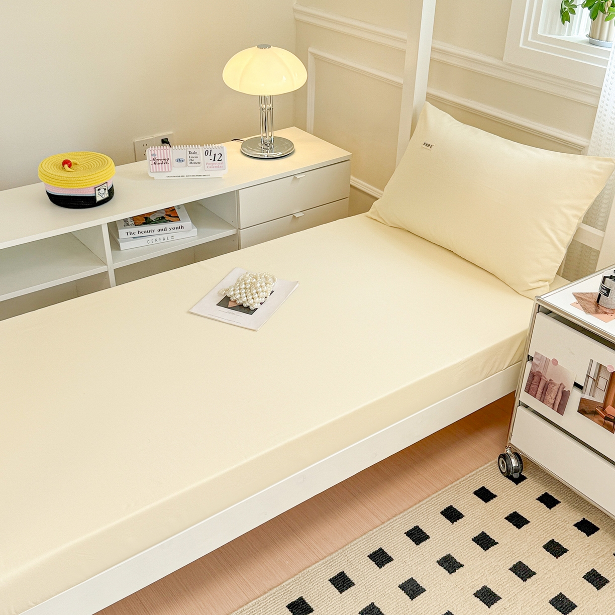 91家纺网 家纺一手货源 找家纺 眠博士 2025新款纯色全棉纯棉磨毛学生床床笠单品床笠床笠单件 磨毛床笠-陶瓷奶白