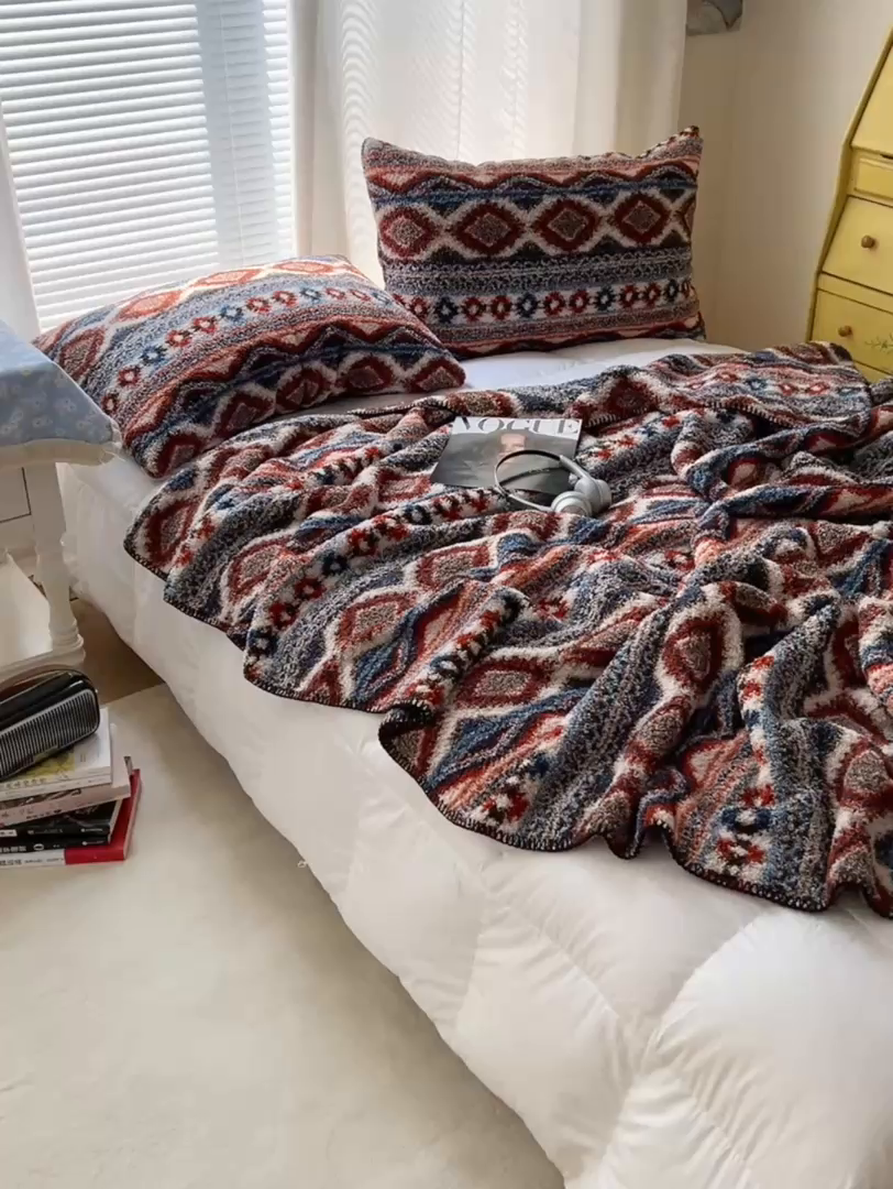 91家纺网 家纺一手货源 找家纺 舒隅家纺 A类高级感半边绒三角针毛毯毯子 波西米亚-棕