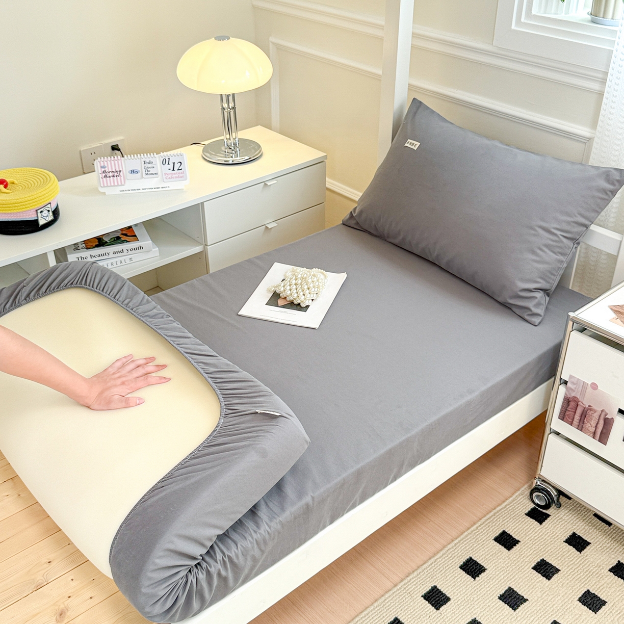 91家纺网 家纺一手货源 找家纺 眠博士 2025新款纯色全棉纯棉磨毛学生床床笠单品床笠床笠单件 磨毛床笠-陶瓷深灰