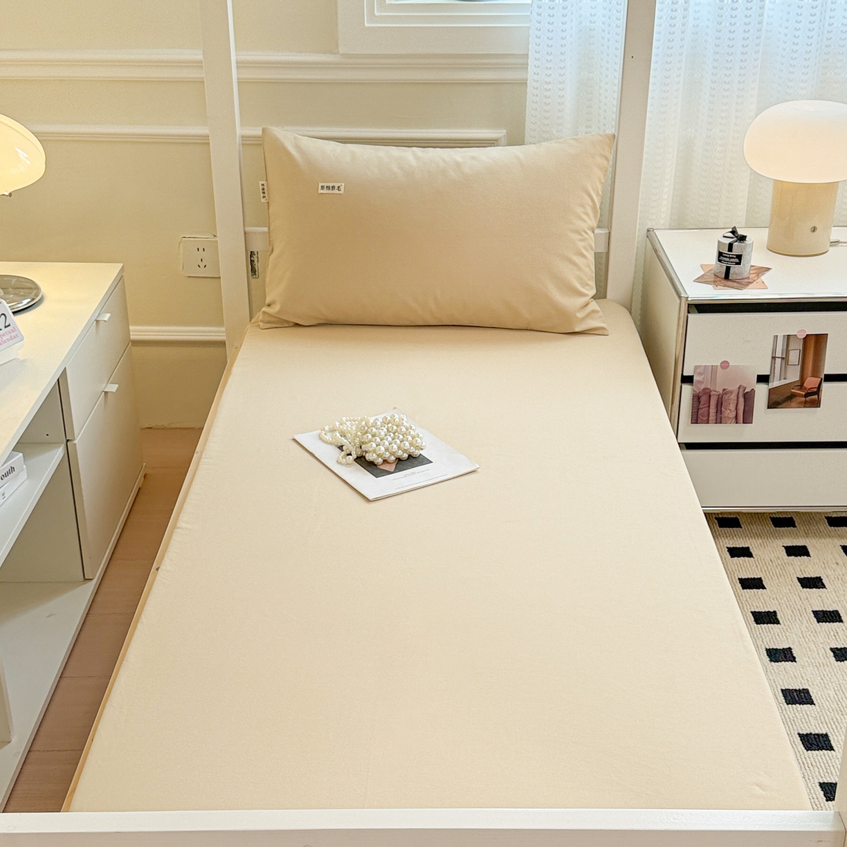 91家纺网 家纺一手货源 找家纺 眠博士 2025新款纯色全棉纯棉磨毛学生床床笠单品床笠床笠单件 磨毛床笠-陶瓷杏