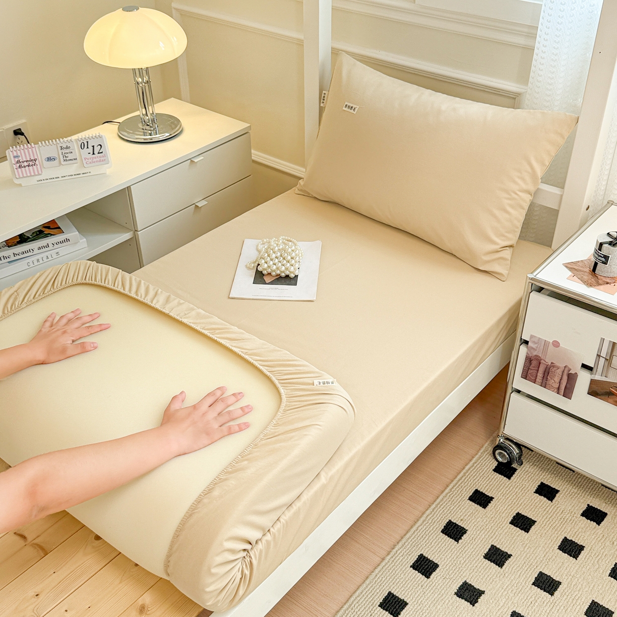 91家纺网 家纺一手货源 找家纺 眠博士 2025新款纯色全棉纯棉磨毛学生床床笠单品床笠床笠单件 磨毛床笠-陶瓷杏