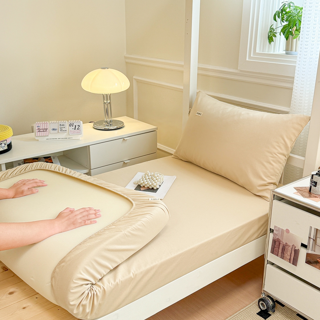 91家纺网 家纺一手货源 找家纺 眠博士 2025新款纯色全棉纯棉磨毛学生床床笠单品床笠床笠单件 磨毛床笠-陶瓷杏