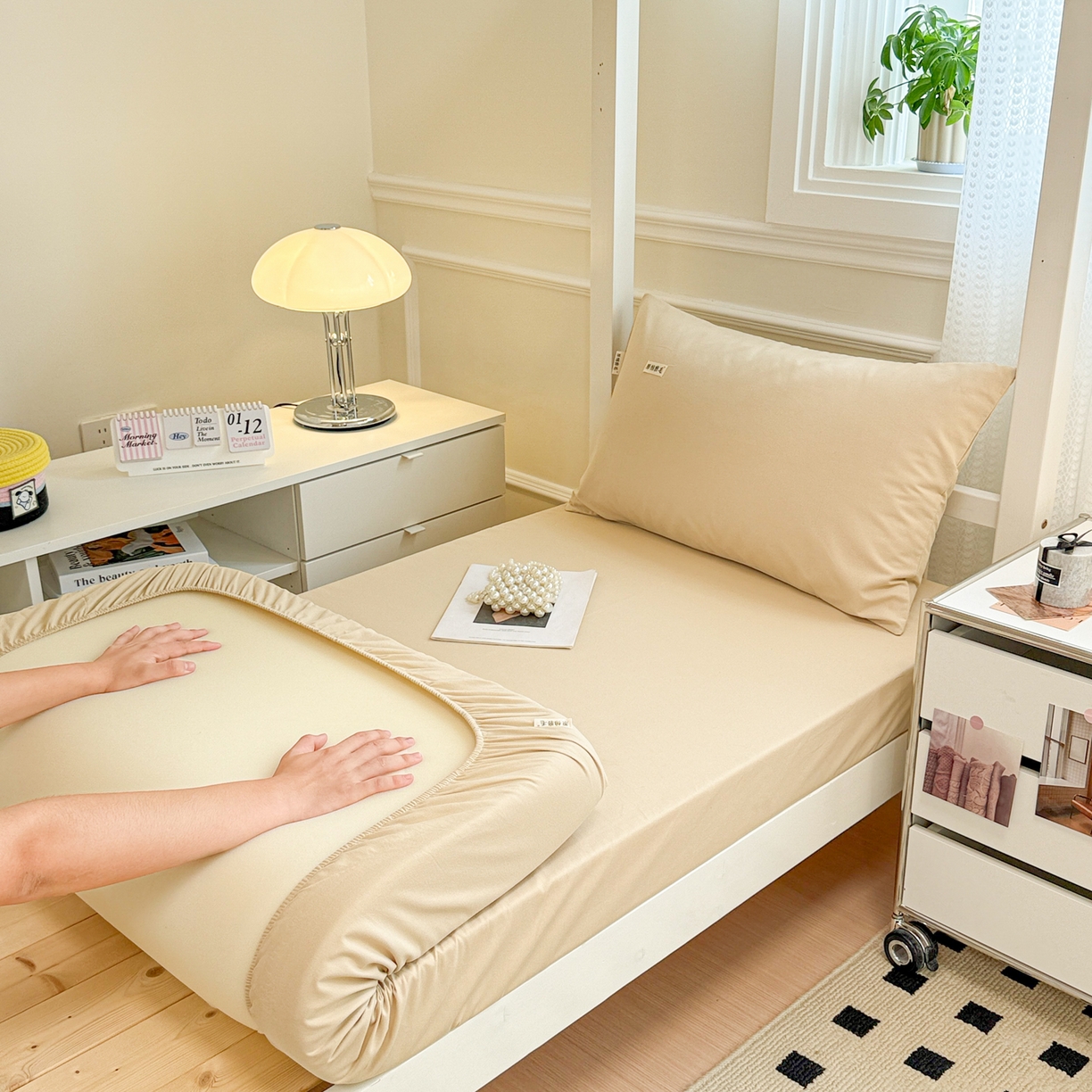 91家纺网 家纺一手货源 找家纺 眠博士 2025新款纯色全棉纯棉磨毛学生床床笠单品床笠床笠单件 磨毛床笠-陶瓷杏