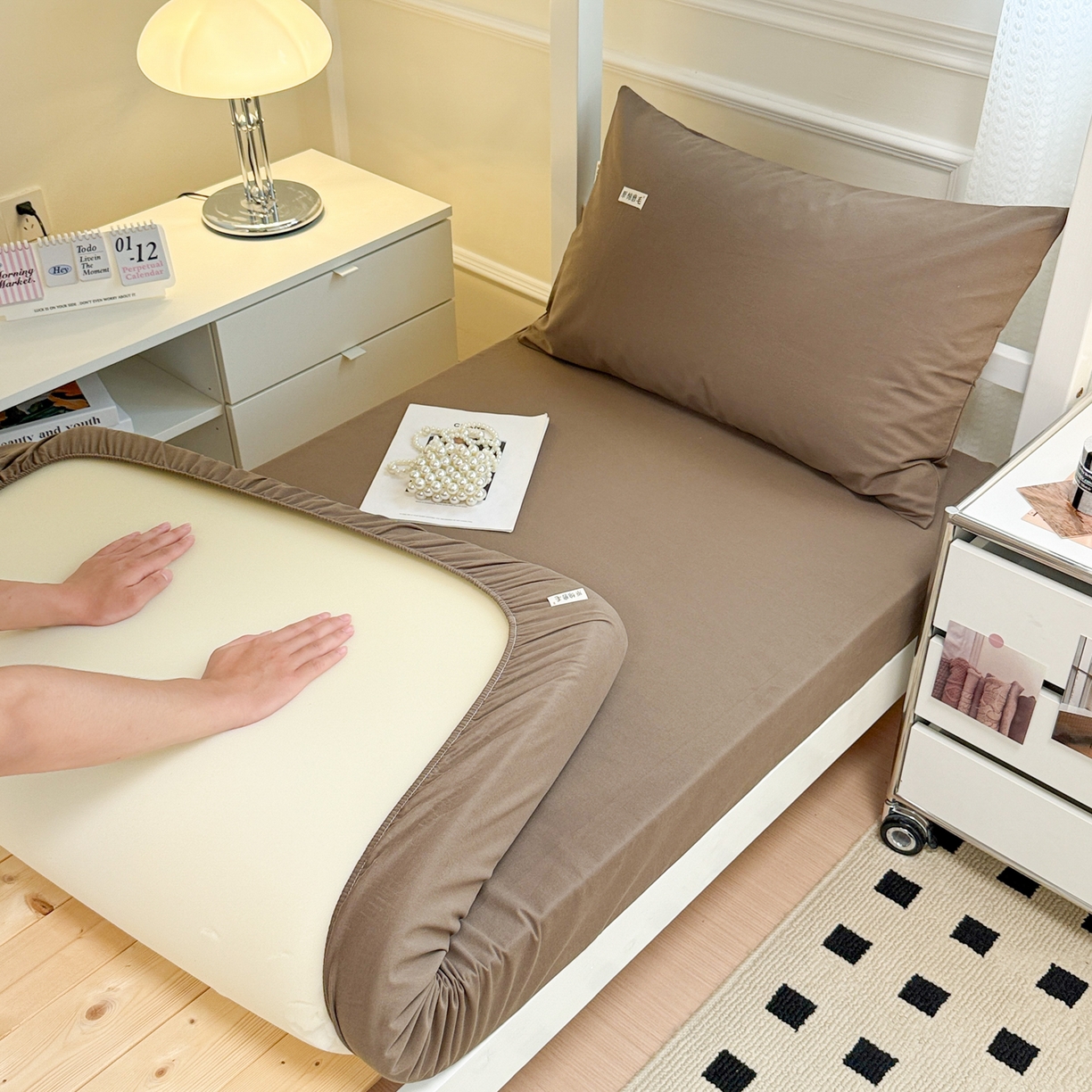 91家纺网 家纺一手货源 找家纺 眠博士 2025新款纯色全棉纯棉磨毛学生床床笠单品床笠床笠单件 磨毛床笠-陶瓷咖