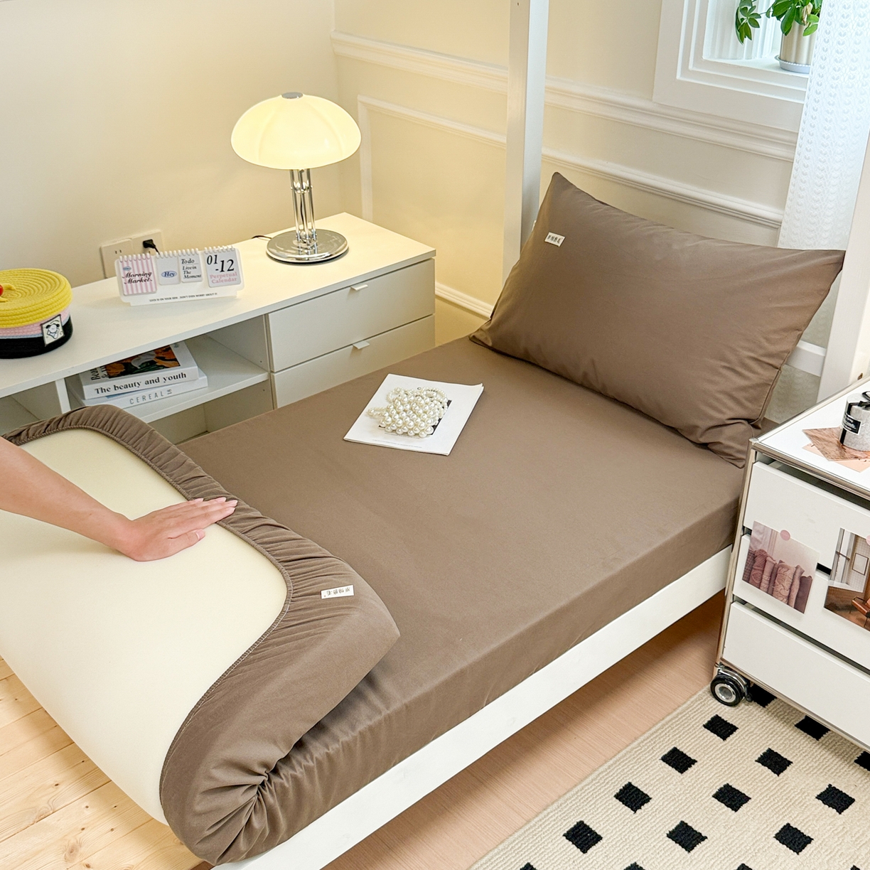 91家纺网 家纺一手货源 找家纺 眠博士 2025新款纯色全棉纯棉磨毛学生床床笠单品床笠床笠单件 磨毛床笠-陶瓷咖