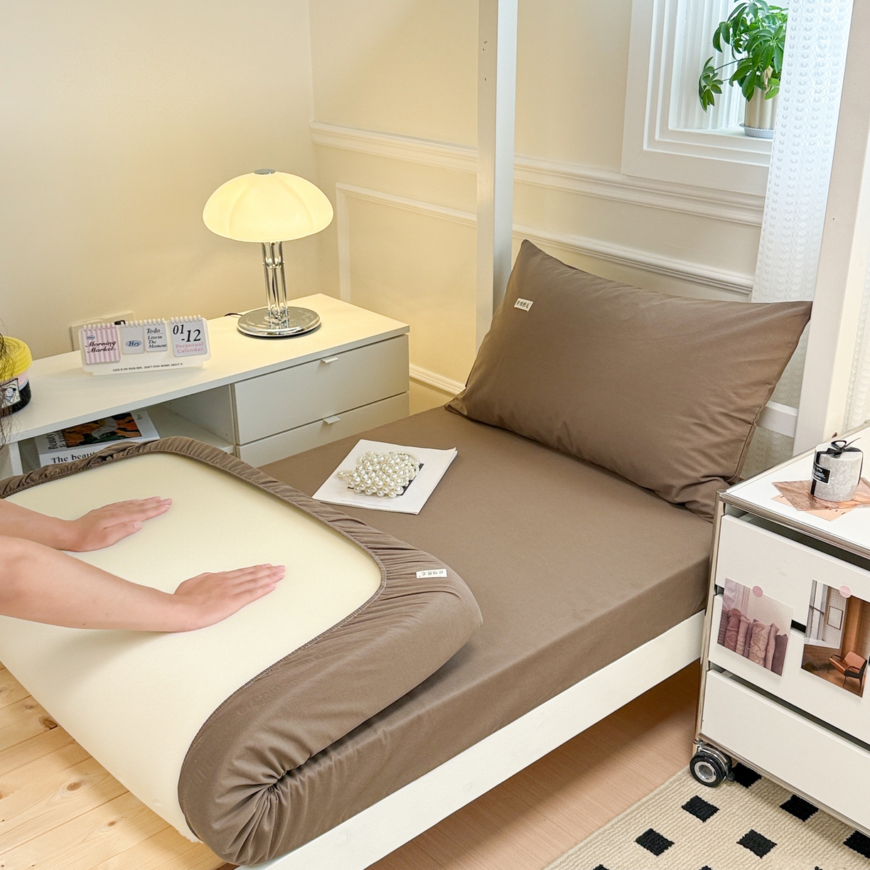 91家纺网 家纺一手货源 找家纺 眠博士 2025新款纯色全棉纯棉磨毛学生床床笠单品床笠床笠单件 磨毛床笠-陶瓷咖