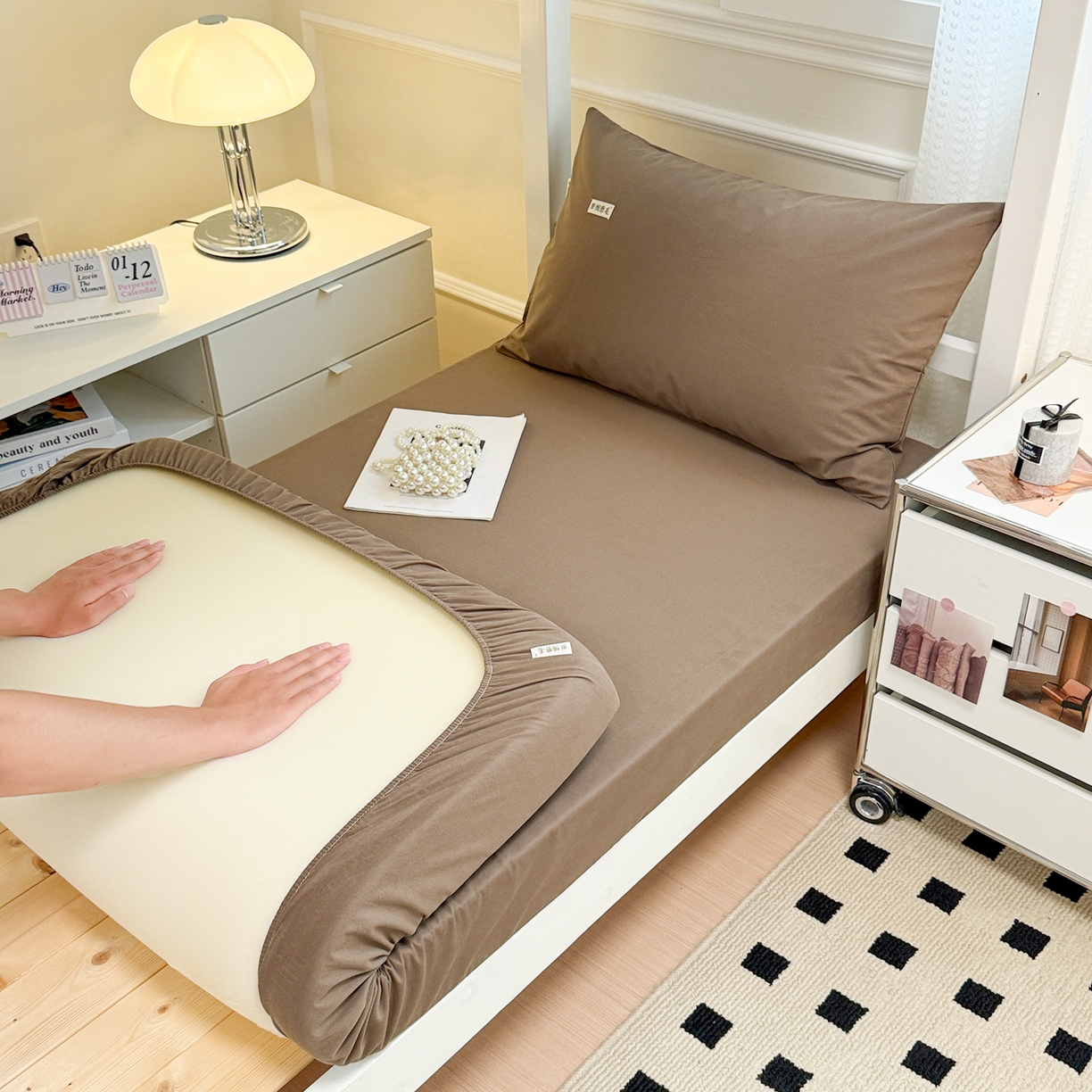 91家纺网 家纺一手货源 找家纺 眠博士 2025新款纯色全棉纯棉磨毛学生床床笠单品床笠床笠单件 磨毛床笠-陶瓷咖