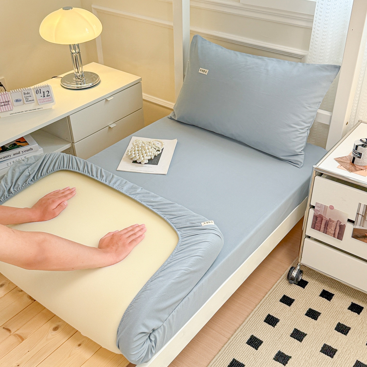 91家纺网 家纺一手货源 找家纺 眠博士 2025新款纯色全棉纯棉磨毛学生床床笠单品床笠床笠单件 磨毛床笠-陶瓷浅蓝