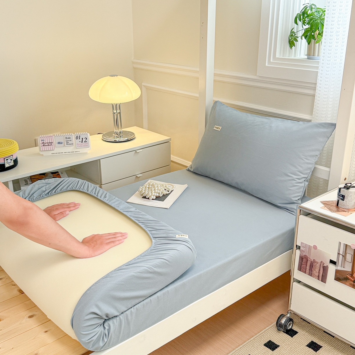 91家纺网 家纺一手货源 找家纺 眠博士 2025新款纯色全棉纯棉磨毛学生床床笠单品床笠床笠单件 磨毛床笠-陶瓷浅蓝