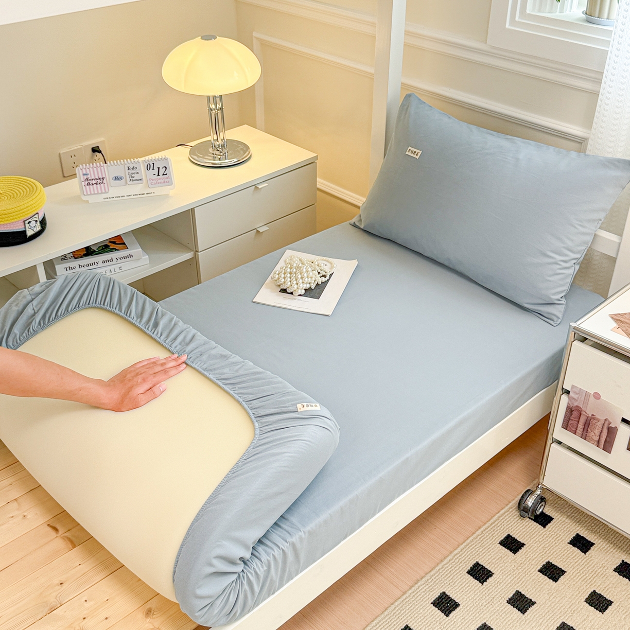 91家纺网 家纺一手货源 找家纺 眠博士 2025新款纯色全棉纯棉磨毛学生床床笠单品床笠床笠单件 磨毛床笠-陶瓷浅蓝