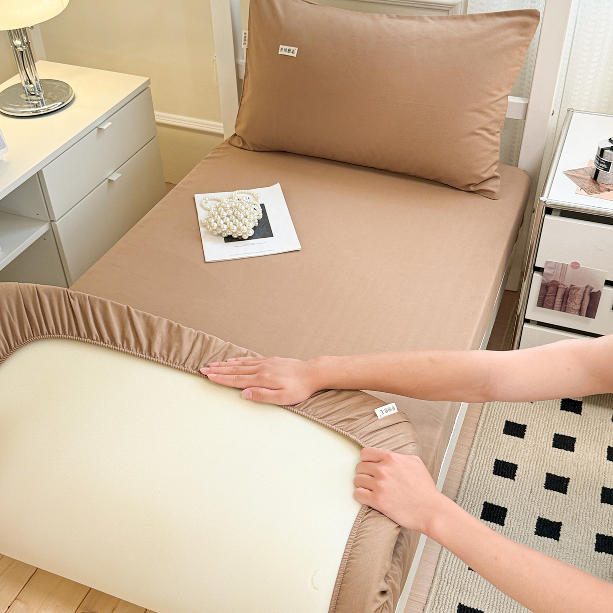 眠博士 2025新款纯色全棉纯棉磨毛学生床床笠单品床笠床笠单件 磨毛床笠-陶瓷卡其