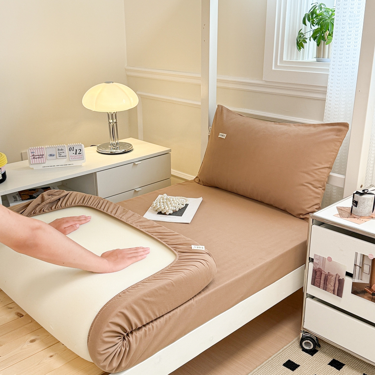 91家纺网 家纺一手货源 找家纺 眠博士 2025新款纯色全棉纯棉磨毛学生床床笠单品床笠床笠单件 磨毛床笠-陶瓷卡其