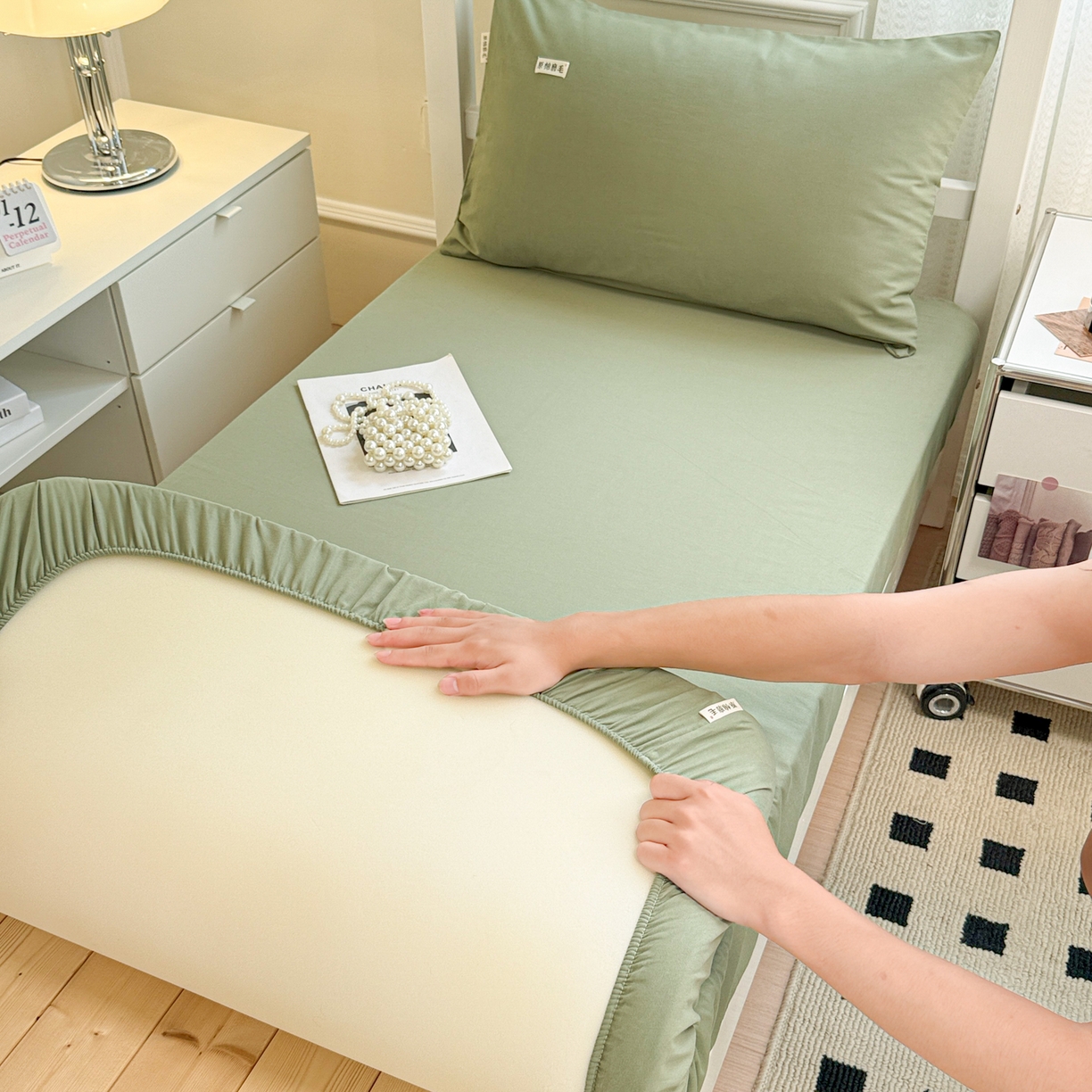 眠博士 2025新款纯色全棉纯棉磨毛学生床床笠单品床笠床笠单件 磨毛床笠-陶瓷草绿