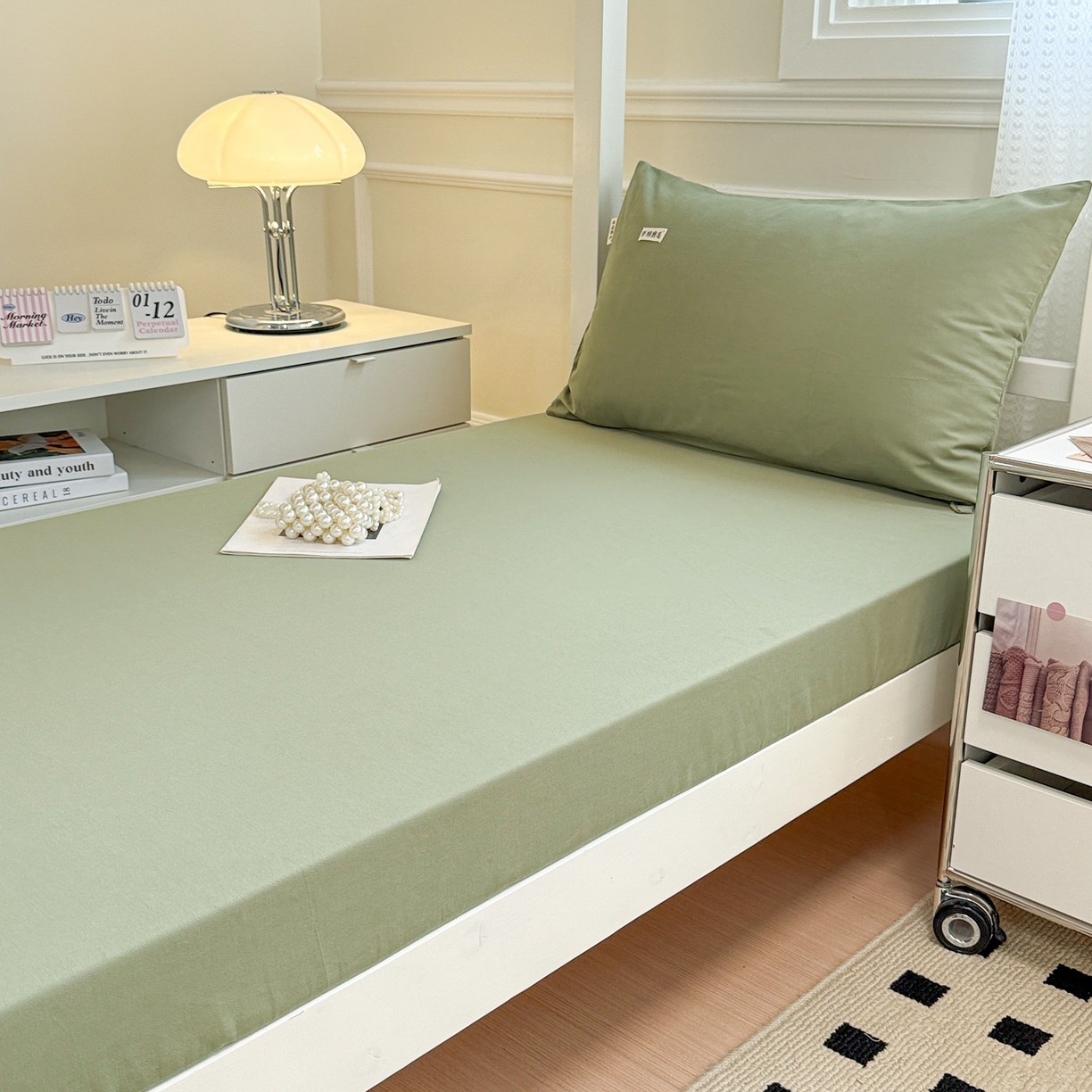 91家纺网 家纺一手货源 找家纺 眠博士 2025新款纯色全棉纯棉磨毛学生床床笠单品床笠床笠单件 磨毛床笠-陶瓷草绿