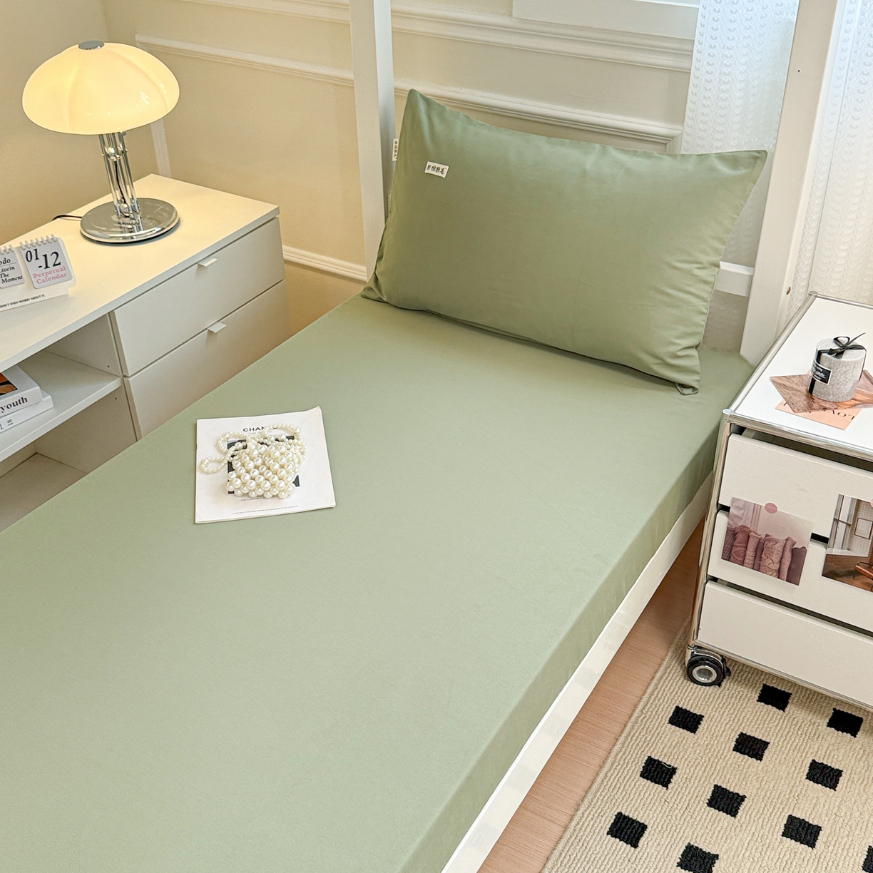 91家纺网 家纺一手货源 找家纺 眠博士 2025新款纯色全棉纯棉磨毛学生床床笠单品床笠床笠单件 磨毛床笠-陶瓷草绿