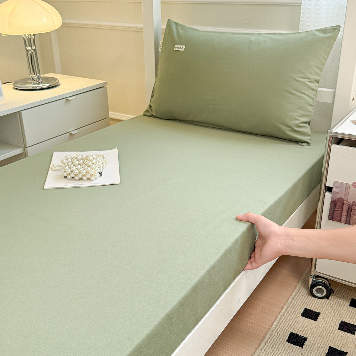 91家纺网 家纺一手货源 找家纺 眠博士 2025新款纯色全棉纯棉磨毛学生床床笠单品床笠床笠单件 磨毛床笠-陶瓷草绿