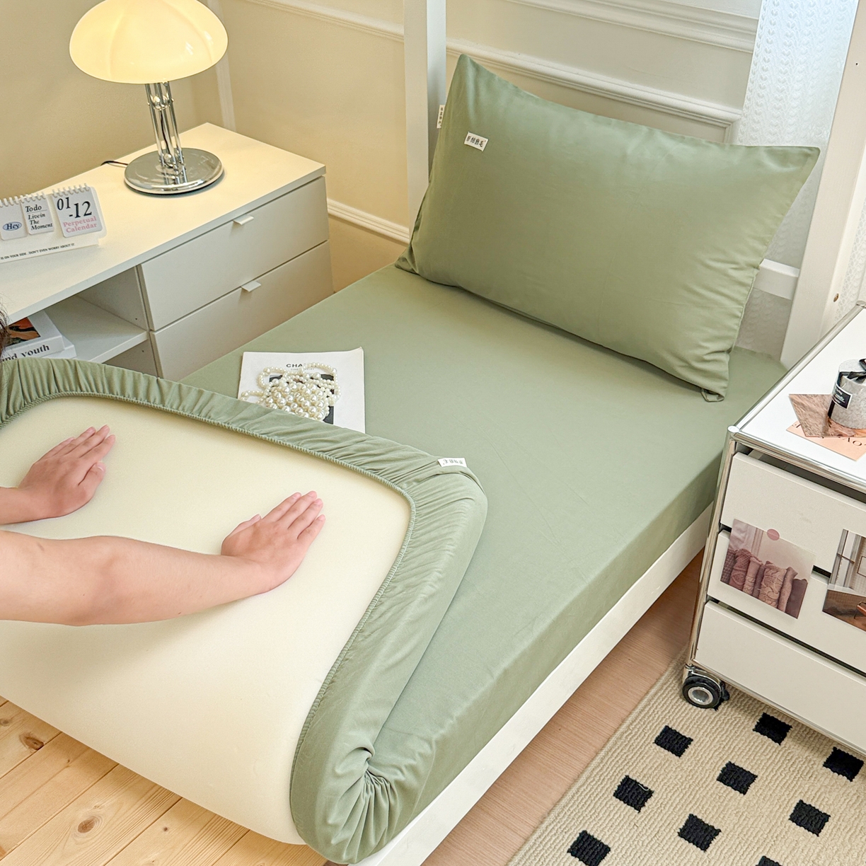 91家纺网 家纺一手货源 找家纺 眠博士 2025新款纯色全棉纯棉磨毛学生床床笠单品床笠床笠单件 磨毛床笠-陶瓷草绿
