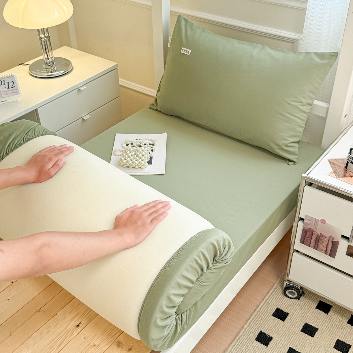 91家纺网 家纺一手货源 找家纺 眠博士 2025新款纯色全棉纯棉磨毛学生床床笠单品床笠床笠单件 磨毛床笠-陶瓷草绿