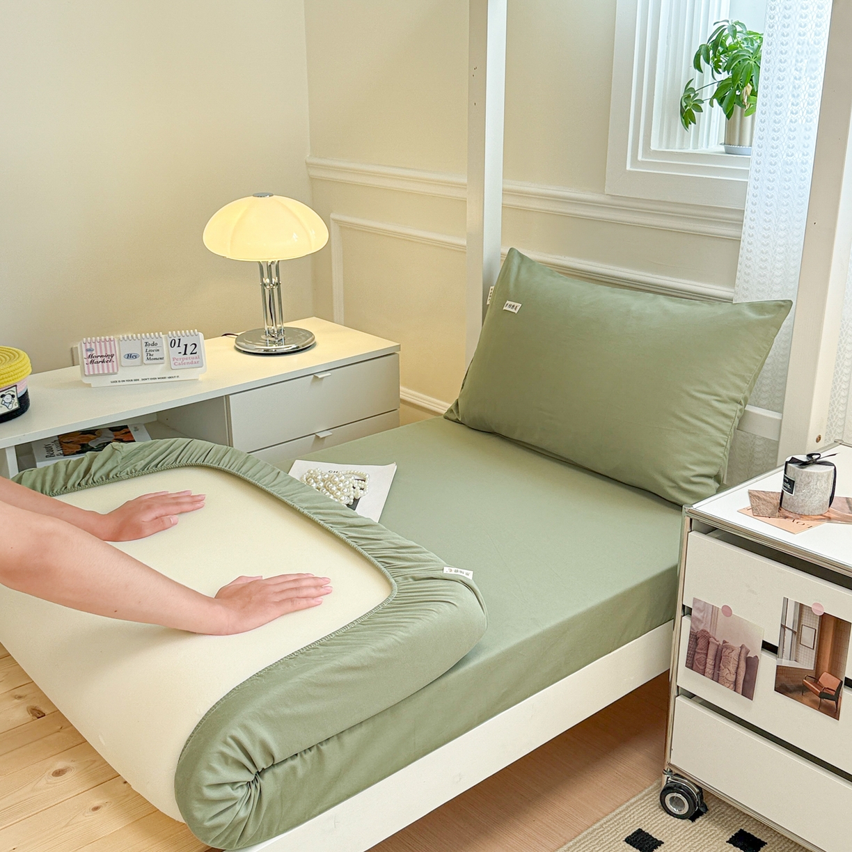 91家纺网 家纺一手货源 找家纺 眠博士 2025新款纯色全棉纯棉磨毛学生床床笠单品床笠床笠单件 磨毛床笠-陶瓷草绿