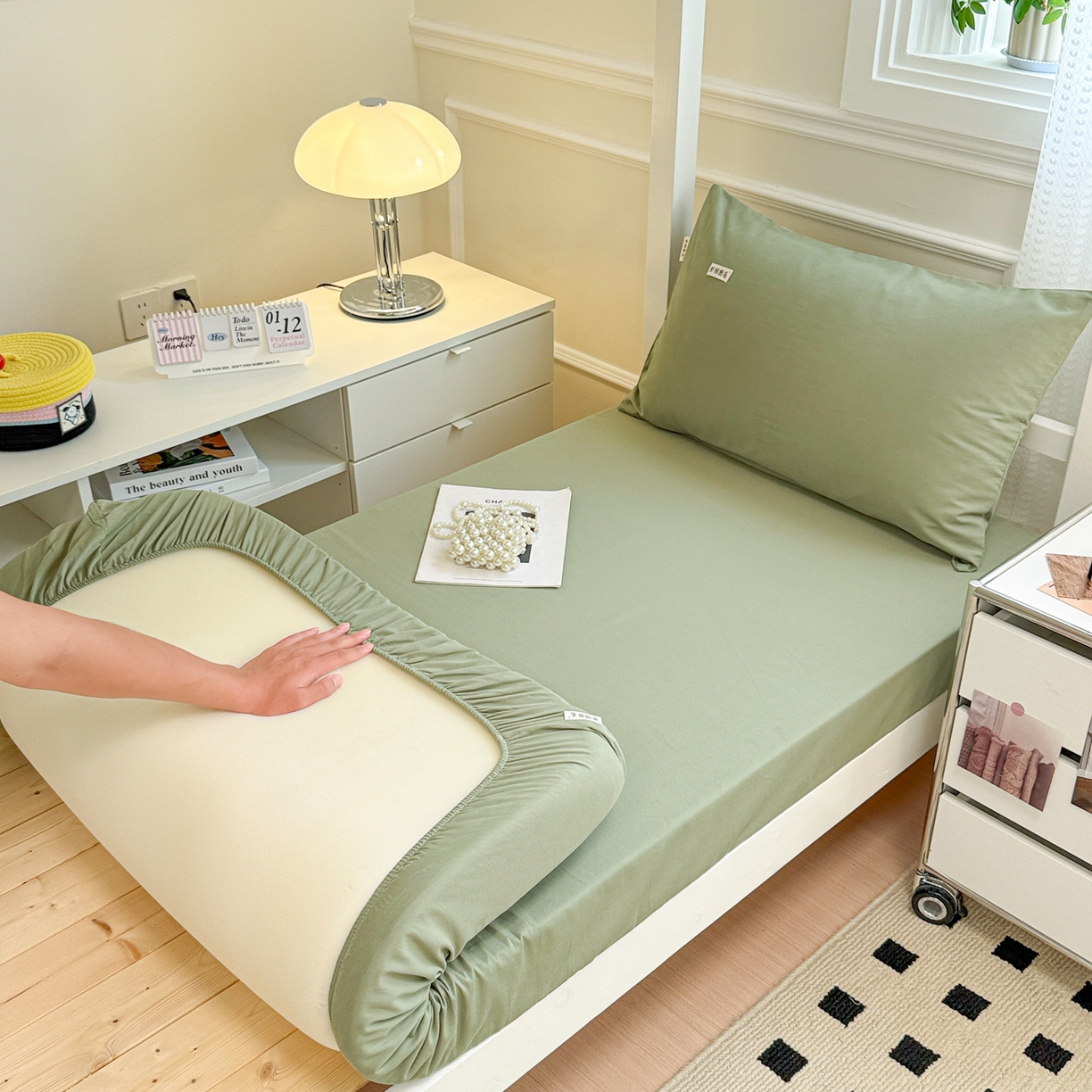 91家纺网 家纺一手货源 找家纺 眠博士 2025新款纯色全棉纯棉磨毛学生床床笠单品床笠床笠单件 磨毛床笠-陶瓷草绿