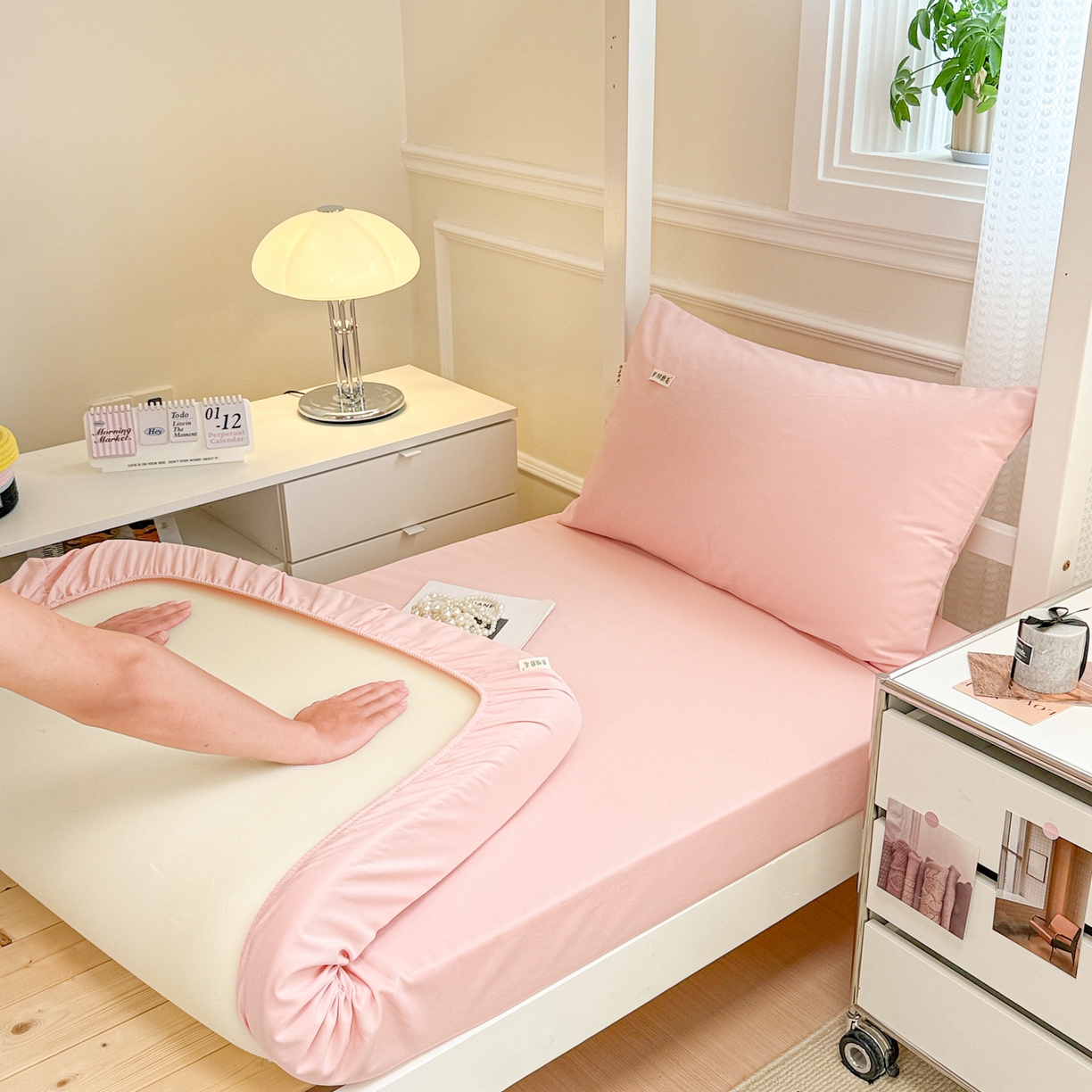 91家纺网 家纺一手货源 找家纺 眠博士 2025新款纯色全棉纯棉磨毛学生床床笠单品床笠床笠单件 磨毛床笠-陶瓷粉