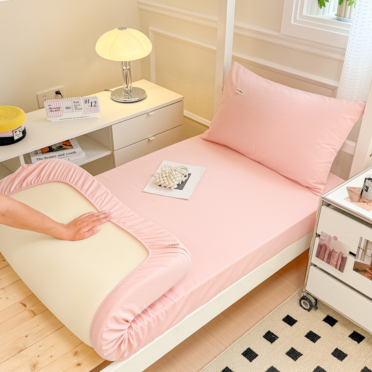 91家纺网 家纺一手货源 找家纺 眠博士 2025新款纯色全棉纯棉磨毛学生床床笠单品床笠床笠单件 磨毛床笠-陶瓷粉