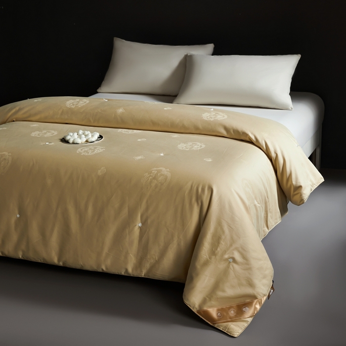 91家纺网 家纺一手货源 找家纺 金同成 2025新款婚庆被冬被子母被春秋被四季被60支全棉龙凤喜字提花蚕丝被 香槟金