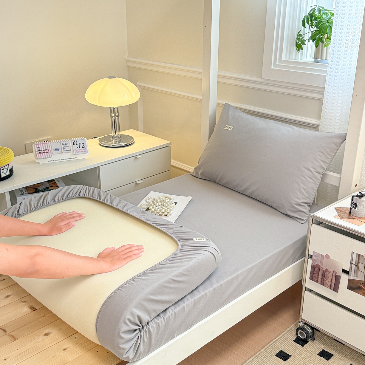 91家纺网 家纺一手货源 找家纺 眠博士 2025新款纯色全棉纯棉磨毛学生床床笠单品床笠床笠单件 磨毛床笠-陶瓷浅灰