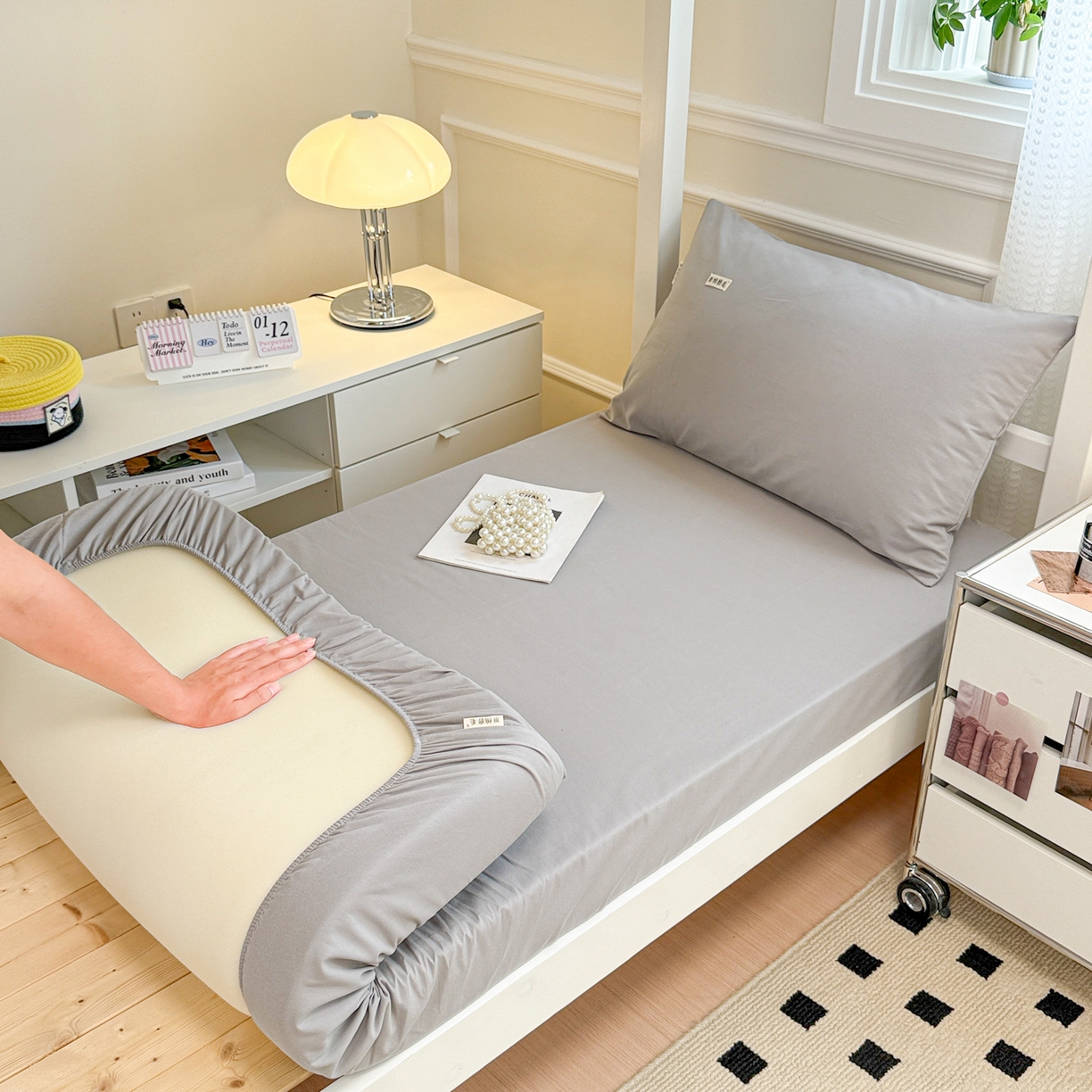 91家纺网 家纺一手货源 找家纺 眠博士 2025新款纯色全棉纯棉磨毛学生床床笠单品床笠床笠单件 磨毛床笠-陶瓷浅灰