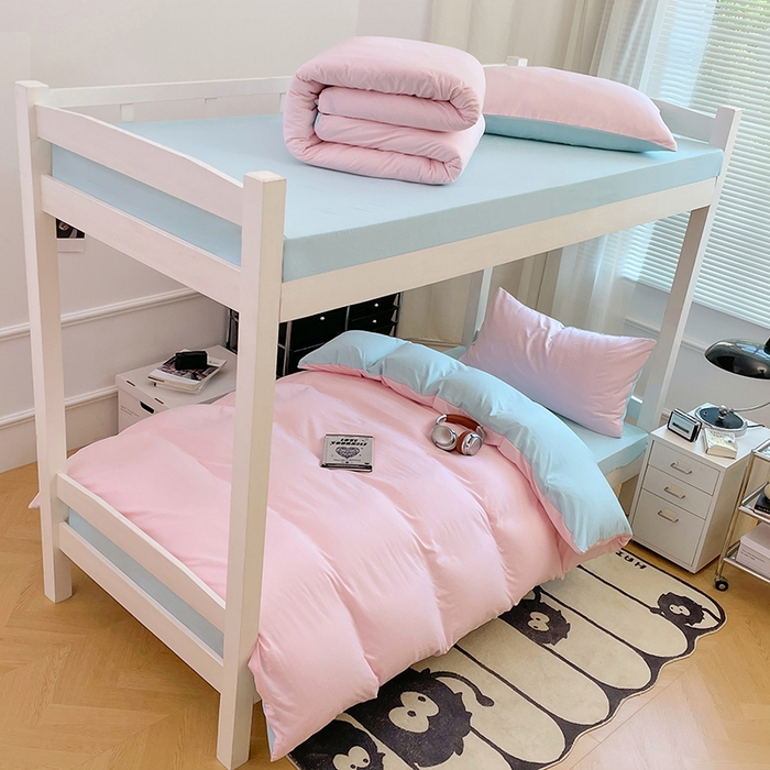 91家纺网 家纺一手货源 找家纺 梦卓家纺 2025新款学生宿舍上下铺纯色水洗棉三件套 草莓冰