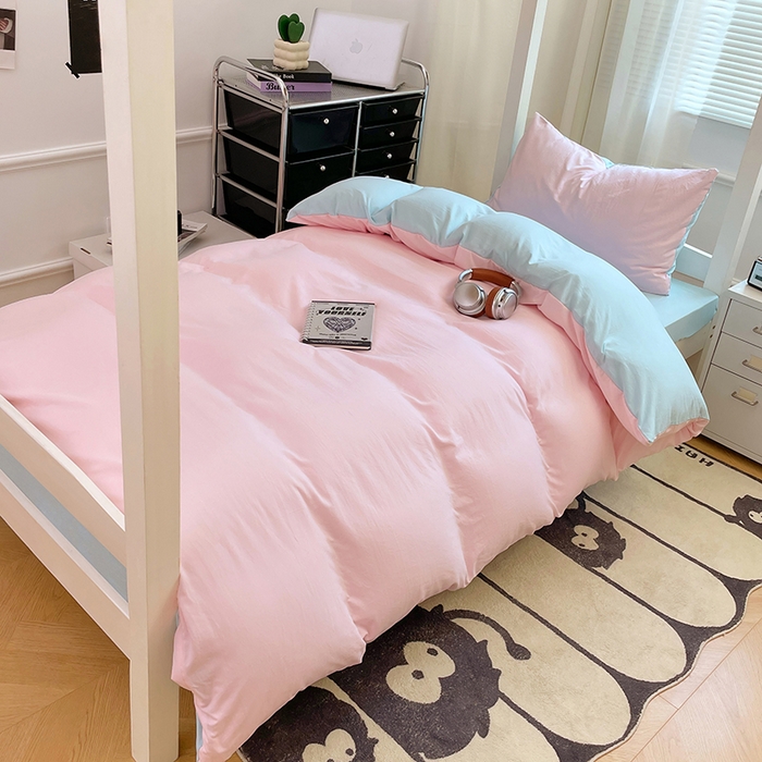 91家纺网 家纺一手货源 找家纺 梦卓家纺 2025新款学生宿舍上下铺纯色水洗棉三件套 草莓冰