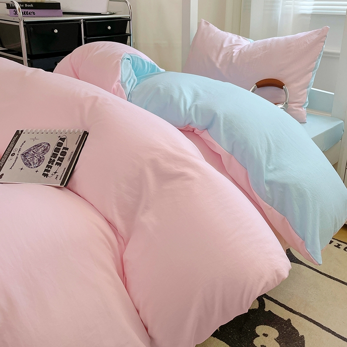 91家纺网 家纺一手货源 找家纺 梦卓家纺 2025新款学生宿舍上下铺纯色水洗棉三件套 草莓冰