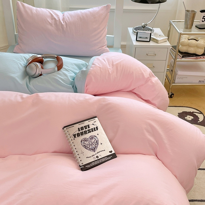 91家纺网 家纺一手货源 找家纺 梦卓家纺 2025新款学生宿舍上下铺纯色水洗棉三件套 草莓冰