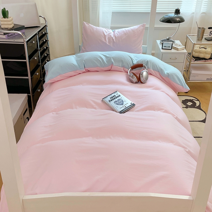 91家纺网 家纺一手货源 找家纺 梦卓家纺 2025新款学生宿舍上下铺纯色水洗棉三件套 草莓冰