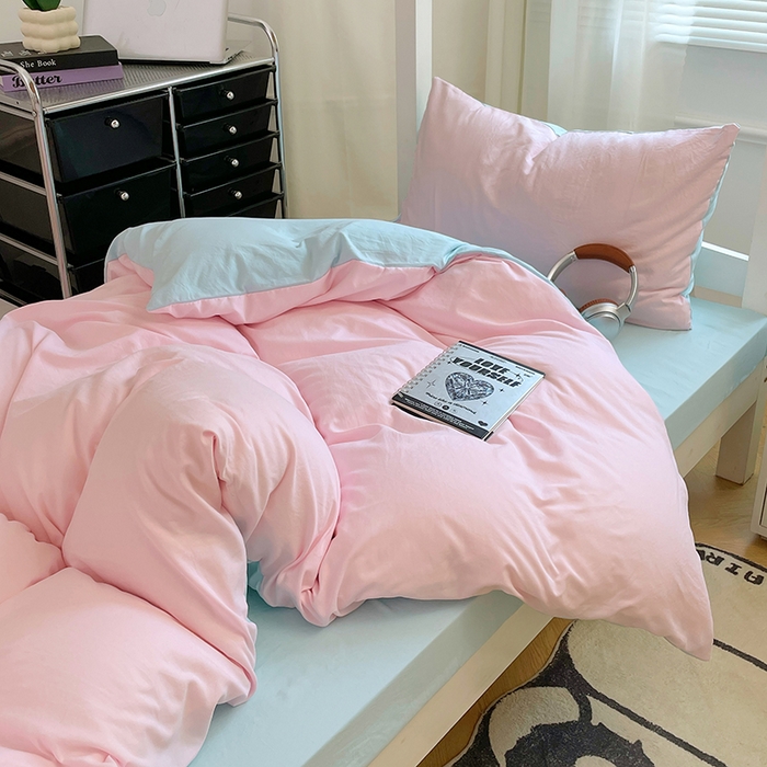 91家纺网 家纺一手货源 找家纺 梦卓家纺 2025新款学生宿舍上下铺纯色水洗棉三件套 草莓冰