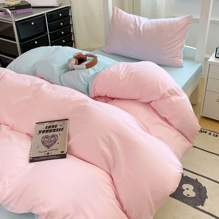 91家纺网 家纺一手货源 找家纺 梦卓家纺 2025新款学生宿舍上下铺纯色水洗棉三件套 草莓冰