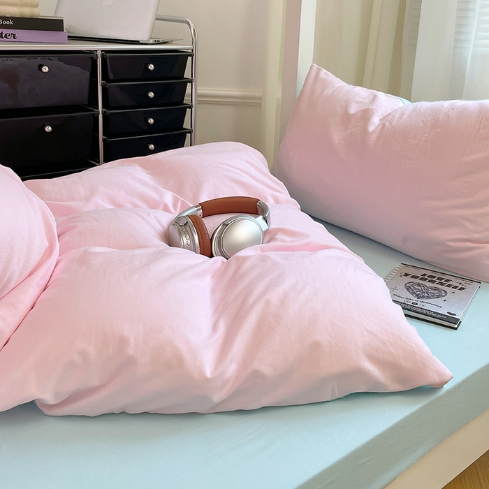 91家纺网 家纺一手货源 找家纺 梦卓家纺 2025新款学生宿舍上下铺纯色水洗棉三件套 草莓冰