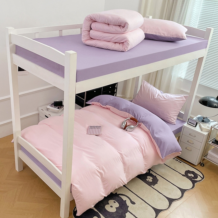 91家纺网 家纺一手货源 找家纺 梦卓家纺 2025新款学生宿舍上下铺纯色水洗棉三件套 粉果气泡