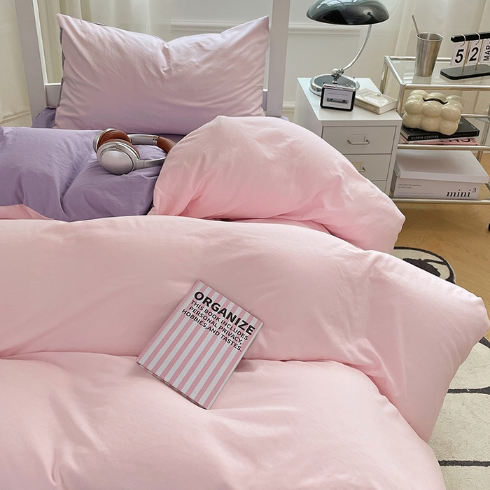 91家纺网 家纺一手货源 找家纺 梦卓家纺 2025新款学生宿舍上下铺纯色水洗棉三件套 粉果气泡