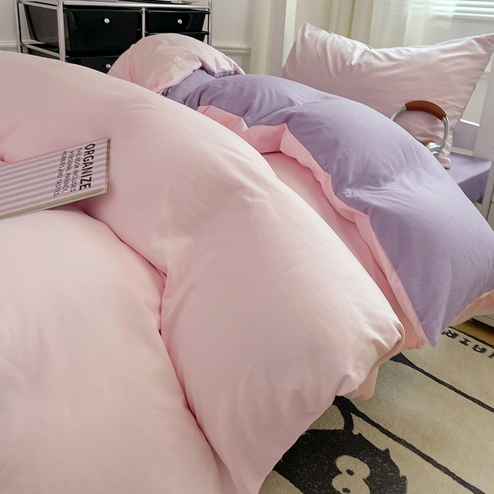 91家纺网 家纺一手货源 找家纺 梦卓家纺 2025新款学生宿舍上下铺纯色水洗棉三件套 粉果气泡
