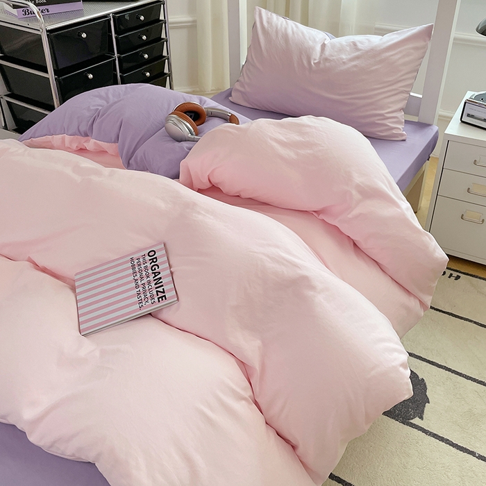 91家纺网 家纺一手货源 找家纺 梦卓家纺 2025新款学生宿舍上下铺纯色水洗棉三件套 粉果气泡
