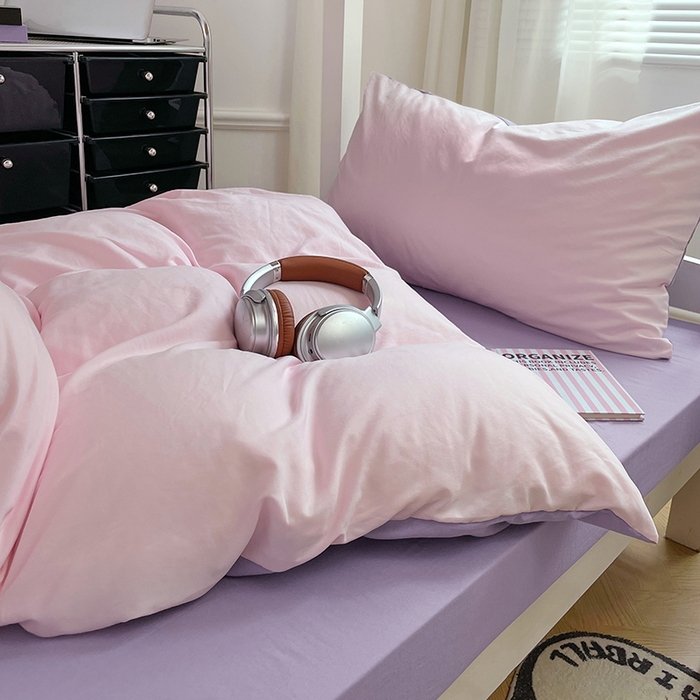 91家纺网 家纺一手货源 找家纺 梦卓家纺 2025新款学生宿舍上下铺纯色水洗棉三件套 粉果气泡