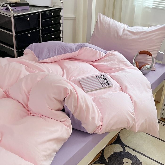 91家纺网 家纺一手货源 找家纺 梦卓家纺 2025新款学生宿舍上下铺纯色水洗棉三件套 粉果气泡