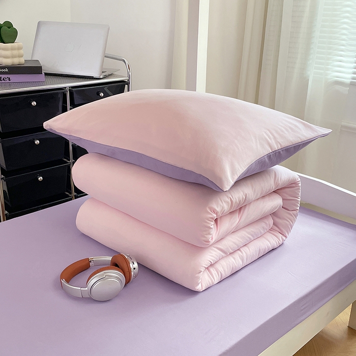 91家纺网 家纺一手货源 找家纺 梦卓家纺 2025新款学生宿舍上下铺纯色水洗棉三件套 粉果气泡