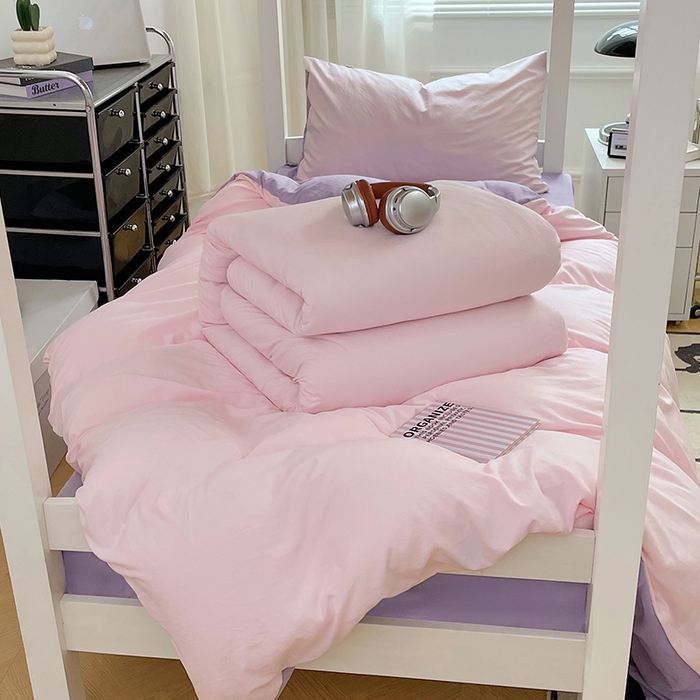 91家纺网 家纺一手货源 找家纺 梦卓家纺 2025新款学生宿舍上下铺纯色水洗棉三件套 粉果气泡