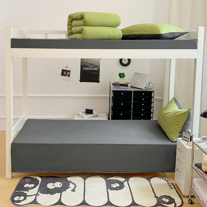 91家纺网 家纺一手货源 找家纺 梦卓家纺 2025新款学生宿舍上下铺纯色水洗棉三件套 芥末绿深灰