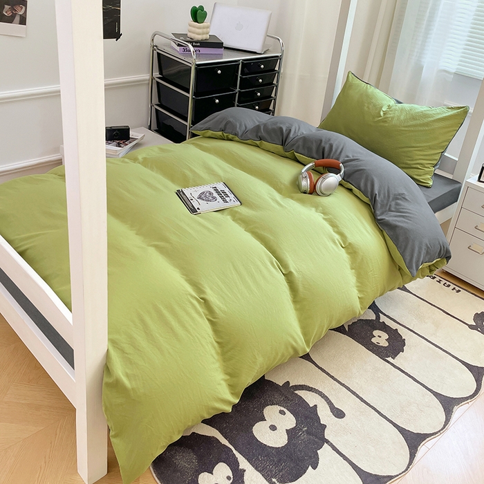 91家纺网 家纺一手货源 找家纺 梦卓家纺 2025新款学生宿舍上下铺纯色水洗棉三件套 芥末绿深灰
