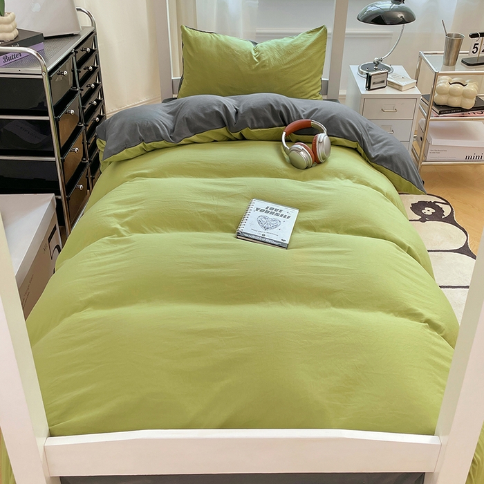 91家纺网 家纺一手货源 找家纺 梦卓家纺 2025新款学生宿舍上下铺纯色水洗棉三件套 芥末绿深灰