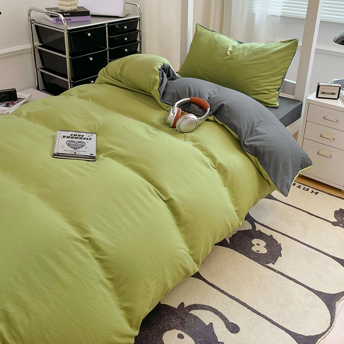 91家纺网 家纺一手货源 找家纺 梦卓家纺 2025新款学生宿舍上下铺纯色水洗棉三件套 芥末绿深灰